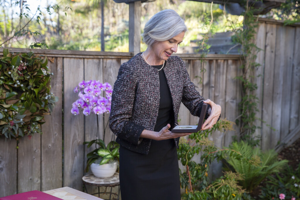 Jennifer A. Doudna receiving her Nobel Prize medal and diploma