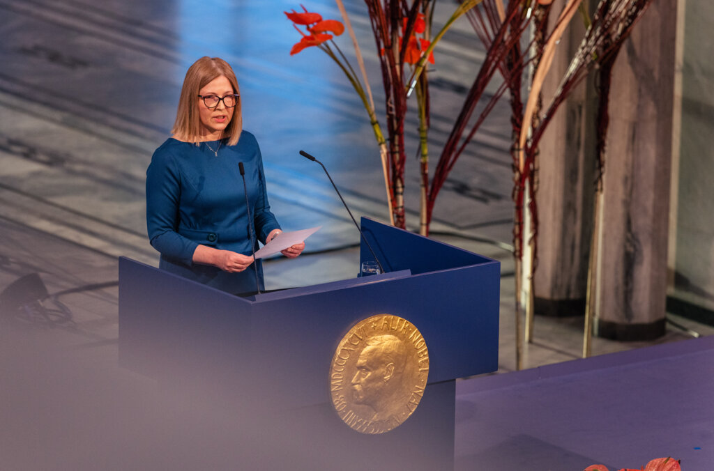 Natallia Pinchuk representing peace laureate Ales Bialiatski