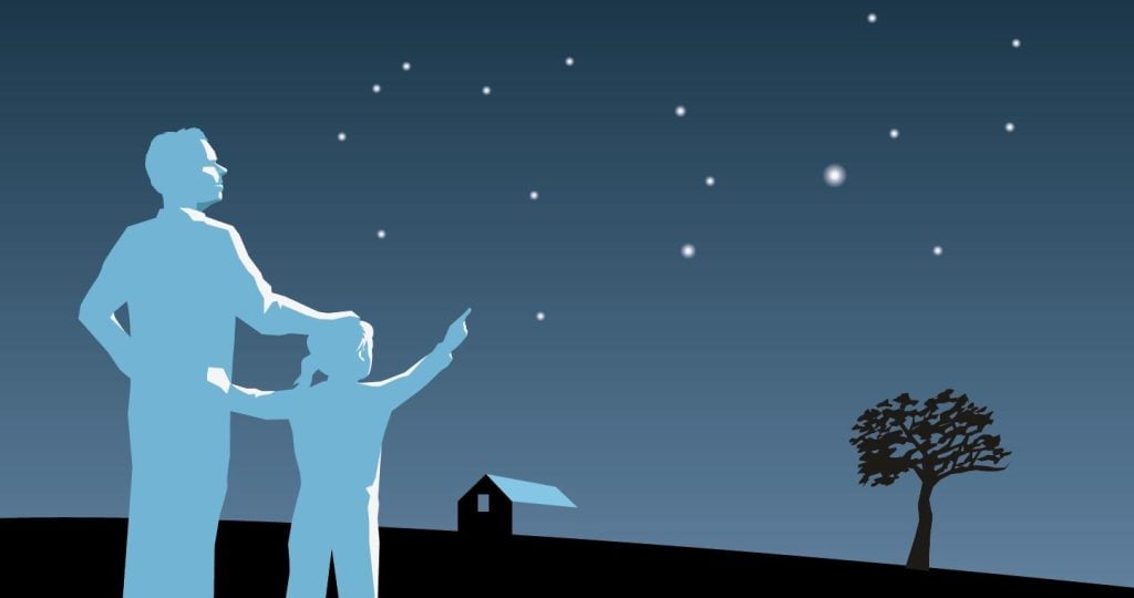 Drawing of a man and a child watching the starts in the sky
